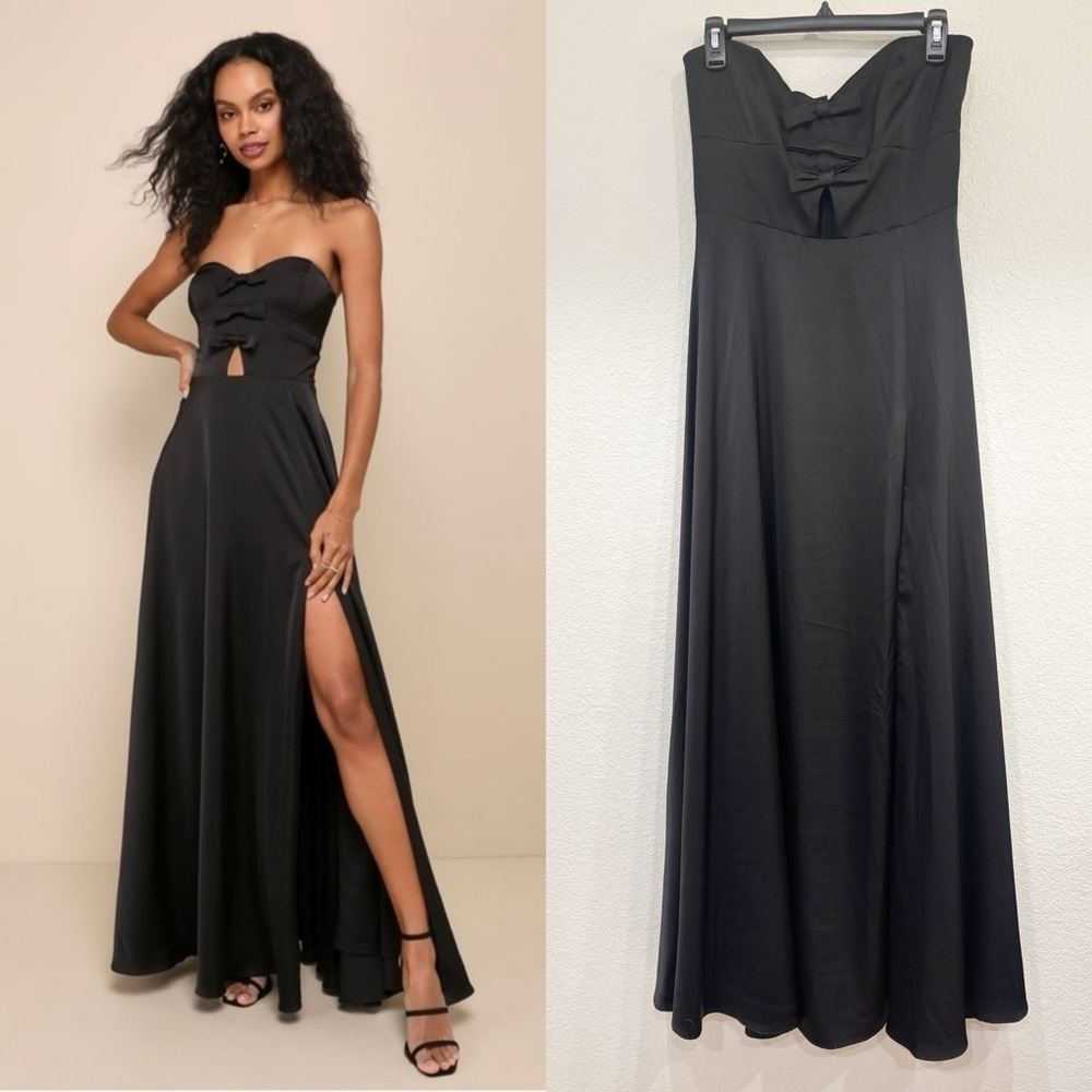 Size M - NWOT Lulus Upscale Poise Black Satin Bow Strapless Maxi Dress